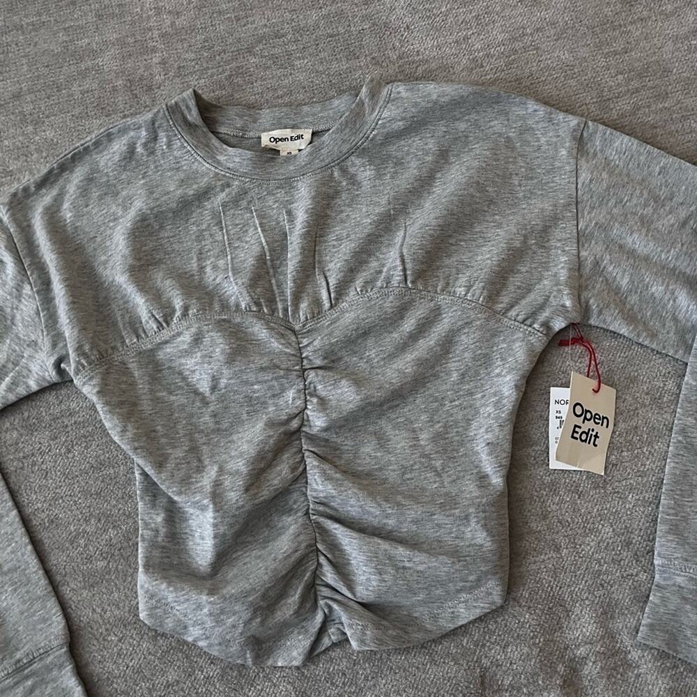 Open Edit grey corset top long sleeve cotton shirt NWT size xs - Picture 2 of 4